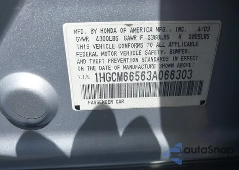 2003 Honda Accord 3.0 Ex из США, поврежденный, VIN 1HGCM66563A066303